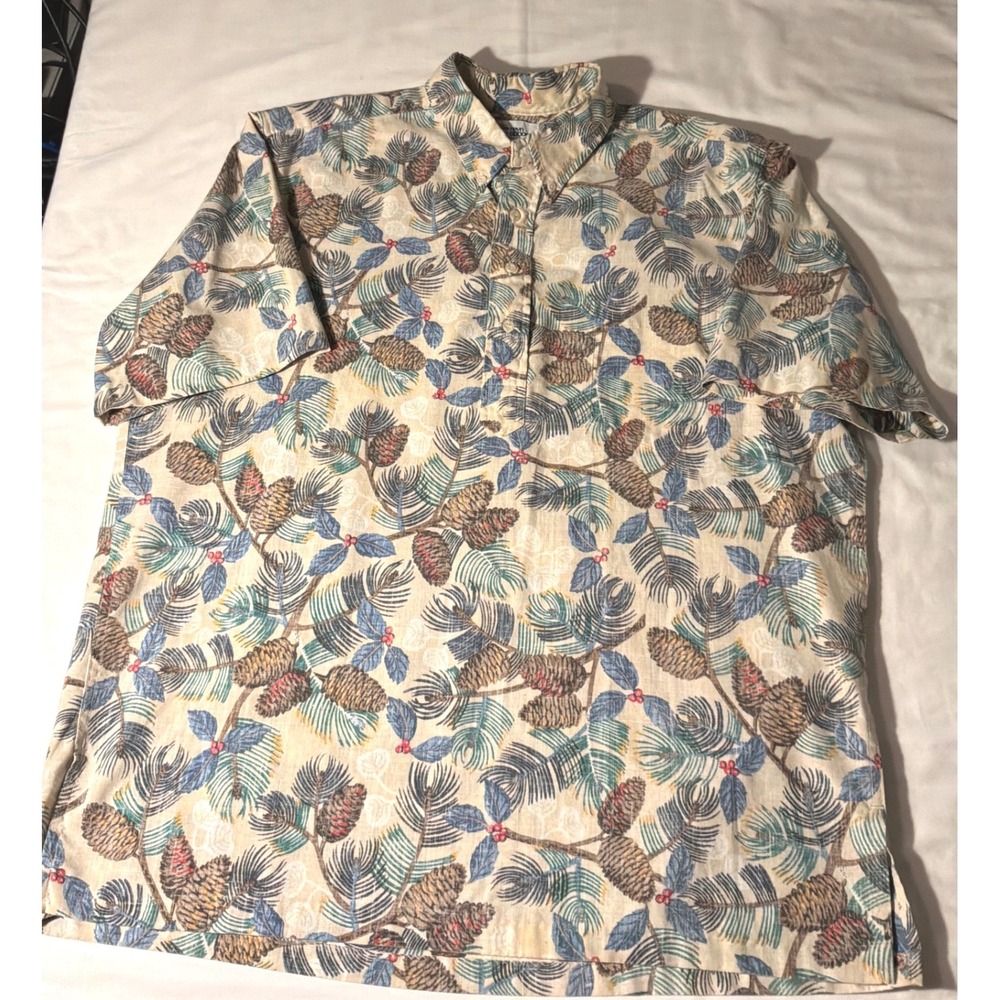 Reyn Spooner Mens XL Pinecone Evergreen Hawaiian Traditions Pullover Shirt Cream